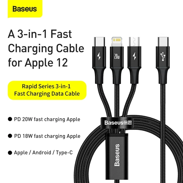 Baseus 3 In 1 Usb C Cable Pd 20w For Iphone X 12 11 3in1 Usb Micro Type C  Cable For Xiaomi Realme Mobile Phone Fast Charger Cord - Mobile Phone Cables  - AliExpress