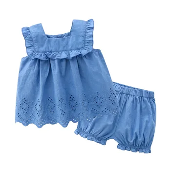 

New baby girl clothing sommer sets cotton blue baby girl pants and top sets Sleeveless infant girl clothing outfits 6 9 months