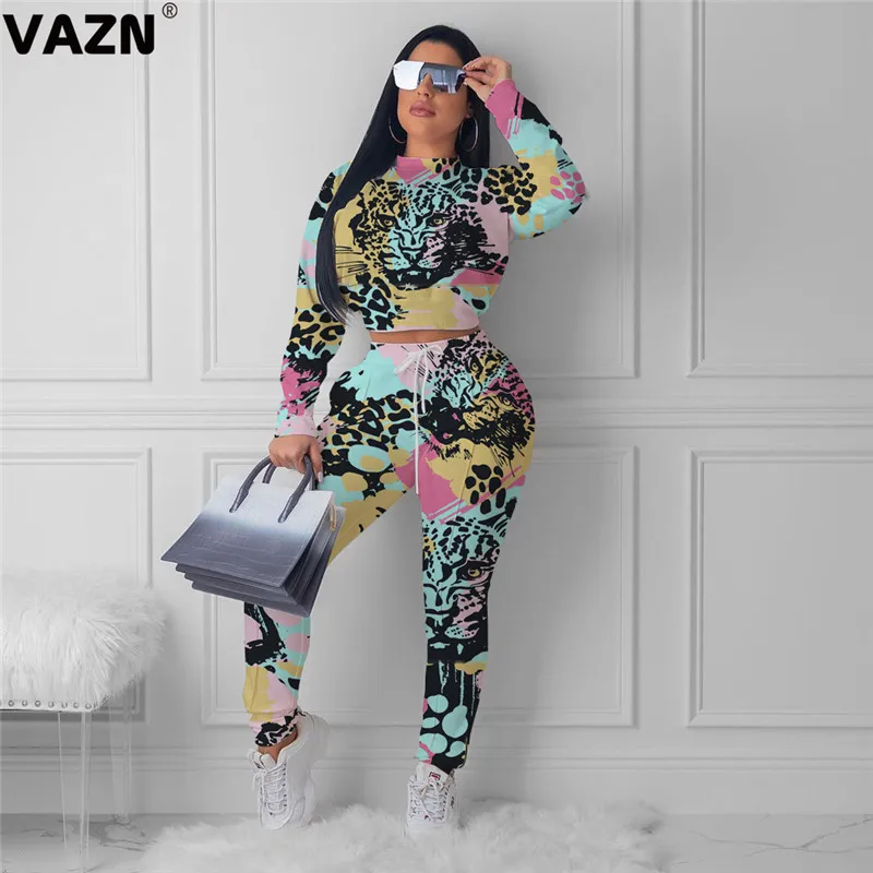 VAZN LQ5089 Новые повседневные спортивные костюмы, большие размеры,, повседневный Топ с длинным рукавом, длинные штаны, эластичная оплетка, Женский комплект из 2 предметов