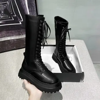 

boots women British style 2020 new autumn winter Korean leather boots waterproof platform thick heel side zipper boots