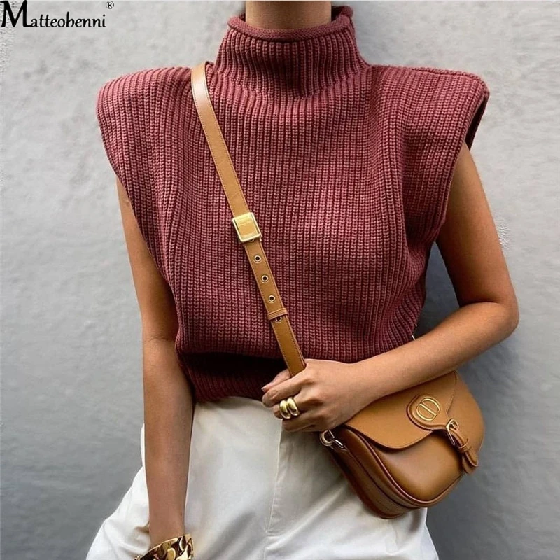 Autumn Winter Women Knitted Solid Turtleneck Sleeveless Sweater Casual Pullover Basic Shoulder Pads Elegant Jumper Tops | Женская одежда