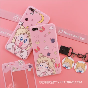 

For iphone 11 pro Max Cute Sailor Moon Case +Tempered Glass Screen film for iphone X XS XR XS Max 7 8plus 6S plus + Straps