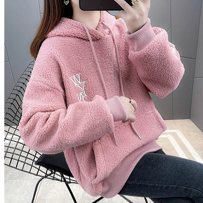 Women Sweatshirts With A Hood 2022 New Winter Thick Female Hoodie Plus Velvet Keep Warm Pocket Letters Korean Style Hot Sale S13
