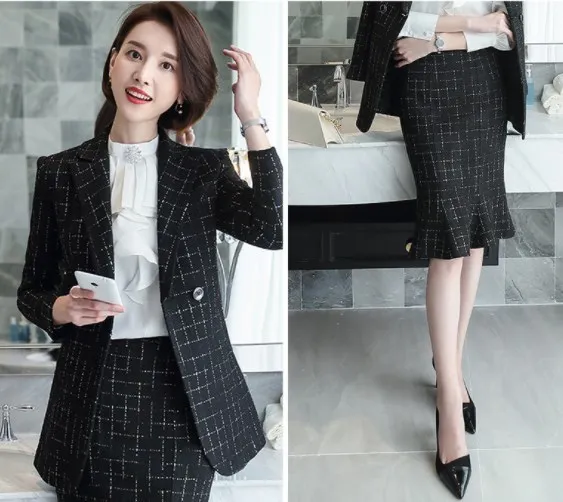 Office Uniform Ladies Elegant Work Skirt Suits Women Black White Plaid Long Skirt with Blazer Autumn Winter Jacket and Skirt Set - Цвет: Черный