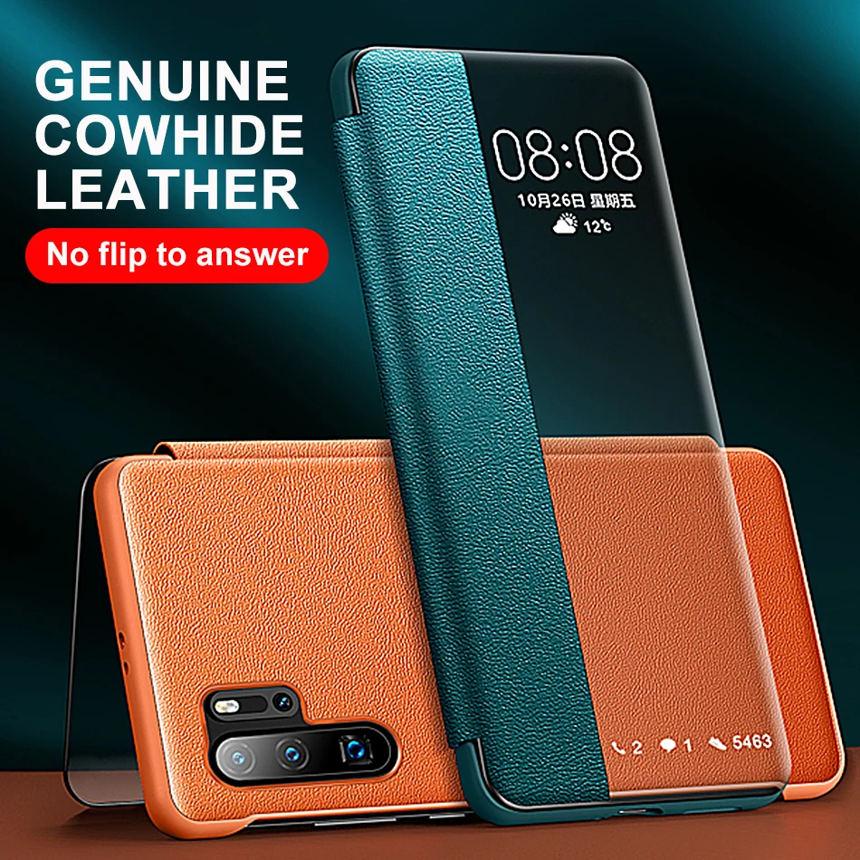 

Luxury Official Genuine Leather Flip Case For Huawei P30 Pro Smart View Window Touch PC Plating Phone Bags Cover For P 30 Pro