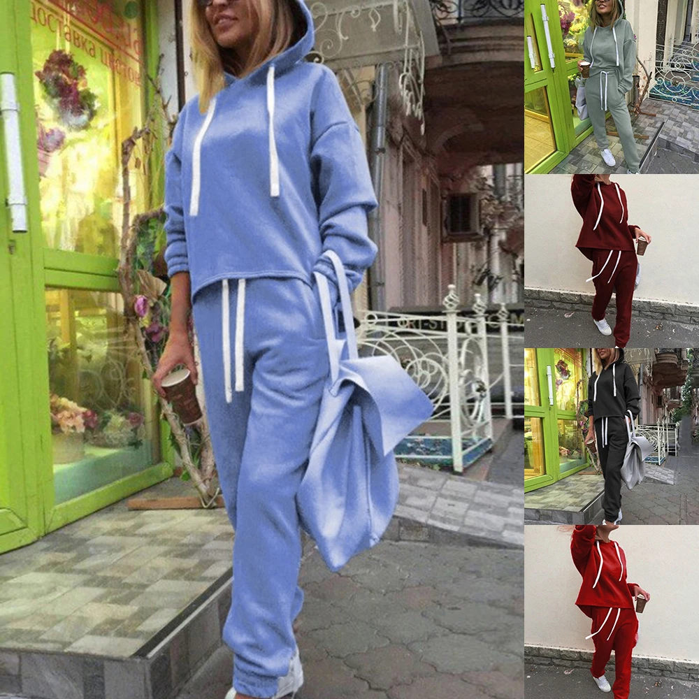 

2019 Women Hooded Sweatshirt Set Long Sleeve Hoodies and Pants 2 Piece Tracksuit Set Casual Solid Sportwear Sets For Joggers