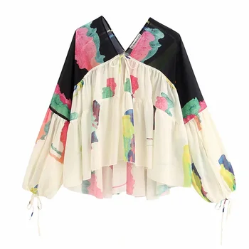 

2020 Women Fashion Print Loose Irregular Chiffon Blouses Vintage Tied V Neck Long Sleeve Shirts Female Chic Tops