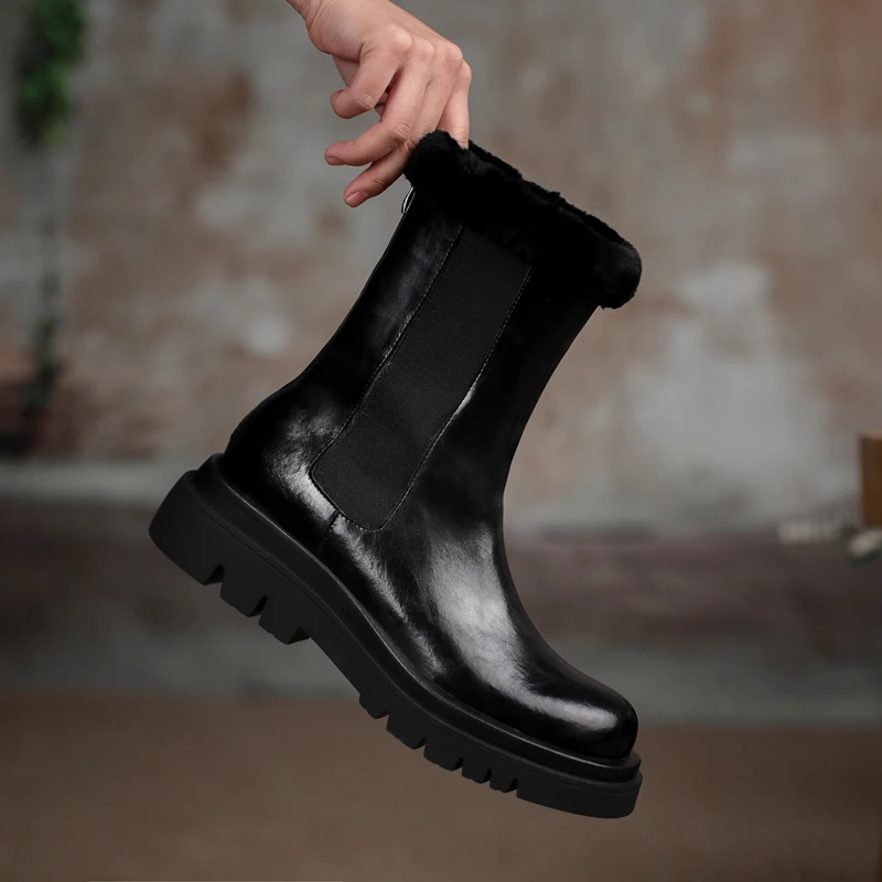 

HOT Russian winter boots -30 degrees Women ankle boots leather with fur Chelsea boots leather+Wool lining warm boots snow boots