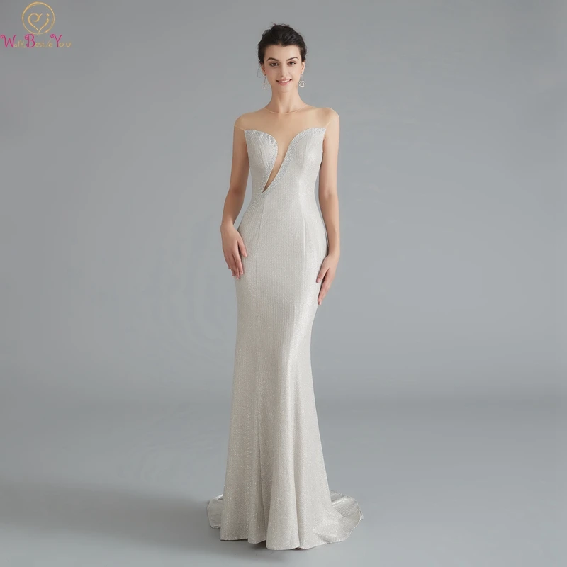 

Ivory/Purple/Blue Mermaid Evening Dresses O Neck Sequined Illusion Back Formal Party Women Crystal Prom Gowns 2019 robe de soire