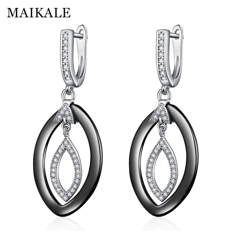 MAIKALE корейские черно-белые керамические Висячие серьги для женщин, медные кубические циркониевые подушки, золотые серебряные цветные серьги, модный подарок - Окраска металла: silver black