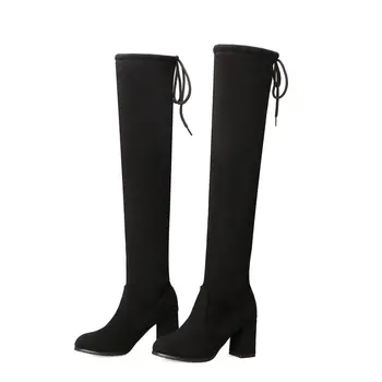 

2019 Women Over The Knee High Boots Square High Heels Autumn Winter Shoes Pointed Toe Sexy Elastic Fabric Women Boots Size 34-43