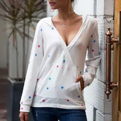 2019 женские толстовки с длинным рукавом, с принтом звезд, рубашка, сексуальный глубокий v-образный вырез, с карманом, пуловер, топы, рубашки