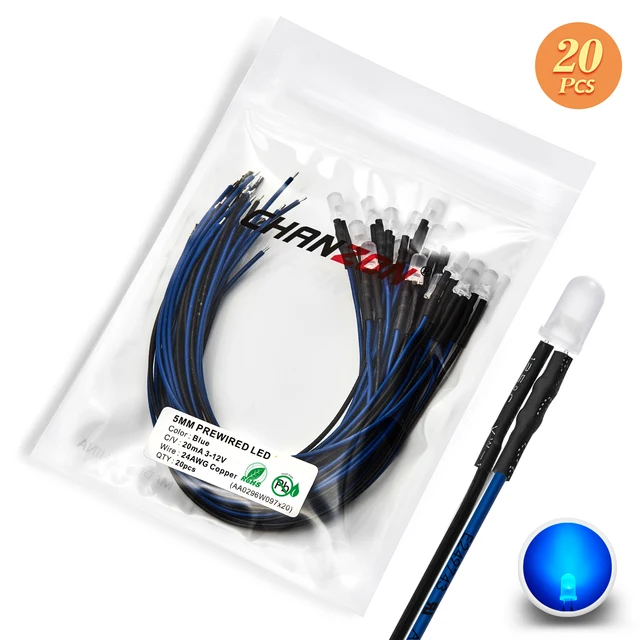 12V 5mm LED Diode Kit Warm White Red Green Blue Yellow Orange UV Purple Pink Prewired 5 9 12 V Diffused Light Emitting Indicator 20pcs Matte Blue