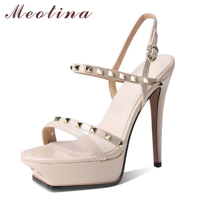 

Meotina Crystal Natural Genuine Leather High Heel Sandals Buckle Spike Heel Shoes Round Toe Platform Sandals Ladies Big Size 10