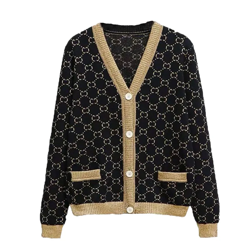 Cárdigan de punto con letras G para mujer, suéter de mezcla de lana de Jacquard dorado de manga larga para primavera y otoño, 2021