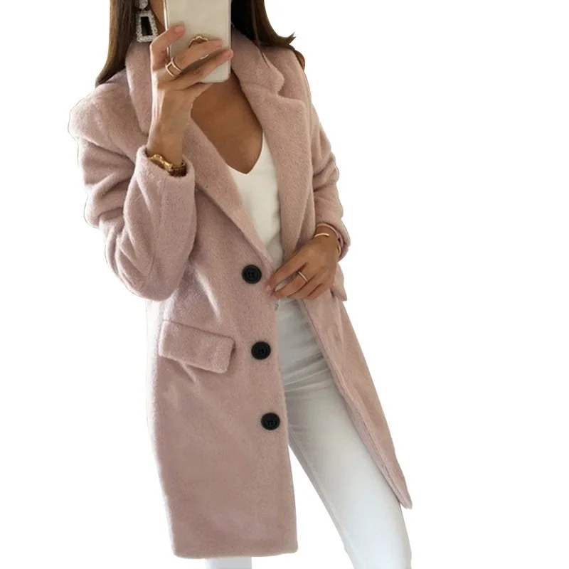 Модное осеннее длинное женское пальто с отложным воротником, однотонное желтое пальто, повседневное женское тонкое элегантное пальто, верхняя одежда - Цвет: pink 3