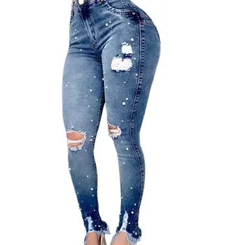 

New Fashion With Diamond Ladies Blue Jeans Skinny Slender Women's European Pencil Pants Ripped Holes Denim Jean Hot Pants