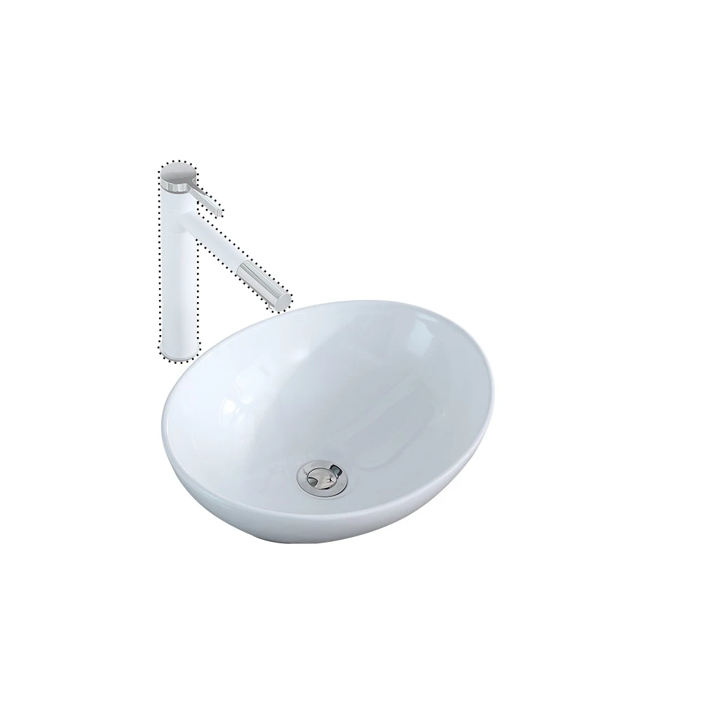 

Bathroom Above Counter Egg Shape Oval Bowl Ceramic Vessel Vanity Sink Art Basin - White Porcelain - with Pop Up Drain Stopper