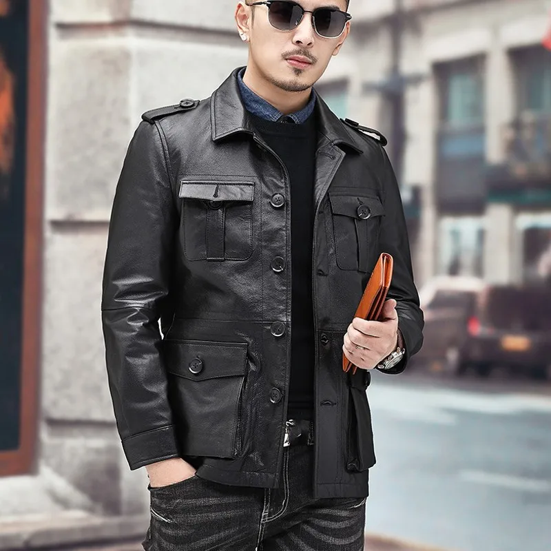 Autumn Winter Short Genuine Leather Jackets Mens New Cowhide Slim Casual Coat Turn-Down Collar Single Breasted Outerwear long sheepskin coat