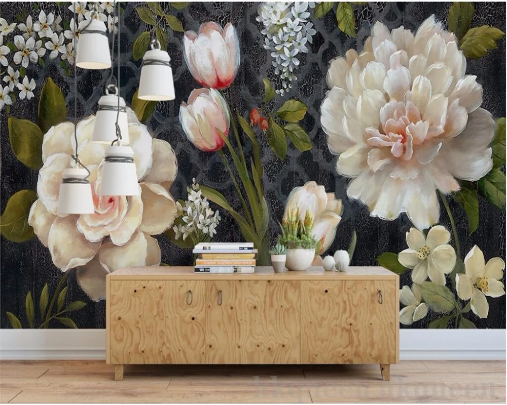

Drop Shipping Custom 3d Render Mural European Retro Camellia Tulip Hand Painted Abstract Oil Painting Wall Paper 3d Mural
