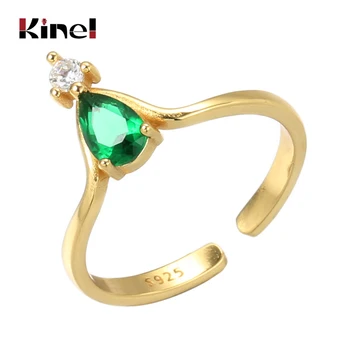 

Kinel S925 Sterling Silver Jewelry Retro Personality Adjustable Temperament Open Ring Female Creative 18K Gold ring Green zircon