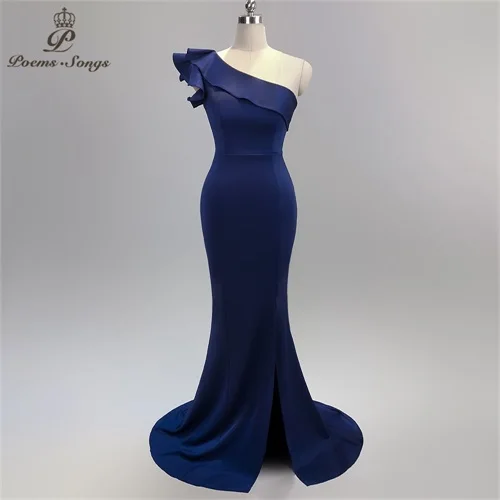 Стильное сексуальное вечернее платье на одно плечо с открытой спиной и разрезом по бокам, вечерние платья в винтажном стиле - Цвет: Синий