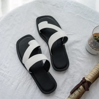 

Slippers 2020 Summer Flat Women Square Toe Flip Flops White Black Genuine Leather Leisure Flat Sandal Outdoor Beach Slides Shoes
