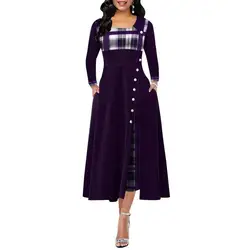 Women Dress Elegant Long Plaid Print Party Dresses Irregular Ladies Vintage Button Dress Patchwork A-Line Dress for Daily Wear