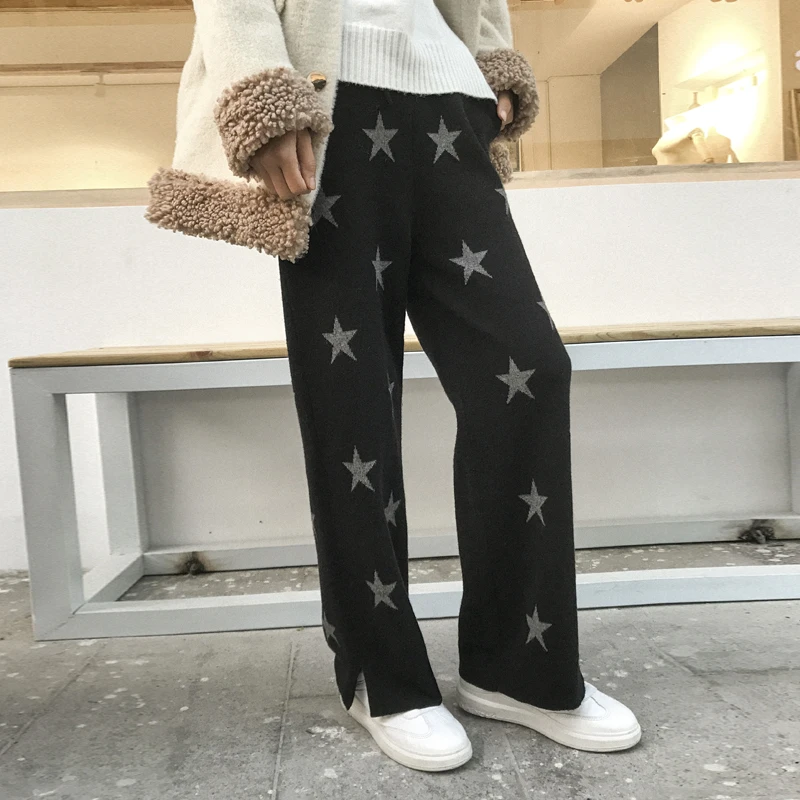 Ограниченная по времени Ограниченная серия Pantalon Mujer Vadim женские кашемировые брюки пятиконечная звезда индивидуальность повседневное вязаное свободное широкие ноги - Цвет: Черный
