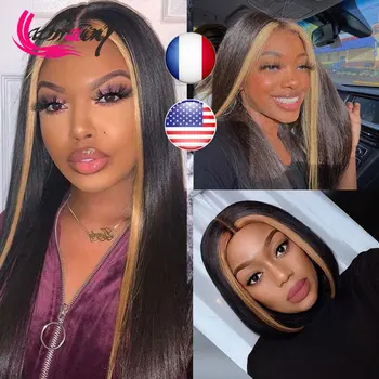 

HD 13x6 Full Lace Frontal Human Hair WigsNatural Color Honey Blonde Straight Bob Pre Pluck Glueless Bob Bleached Knots