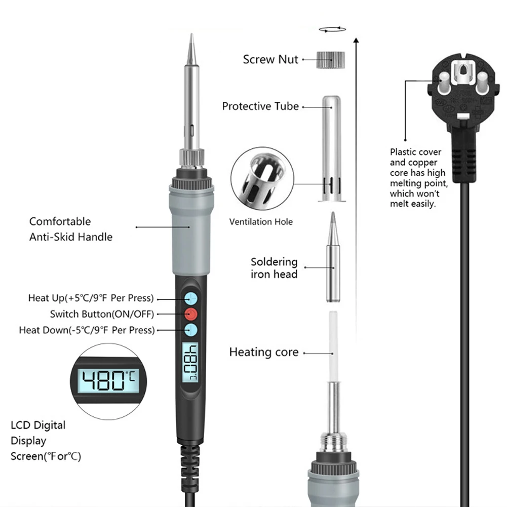 HANDSKIT 90W Constant Temperature Electric Soldering Iron 180~480℃ Temperature Electric Iron LCD Digital ℃/℉ Electric Iron cheap stick welder