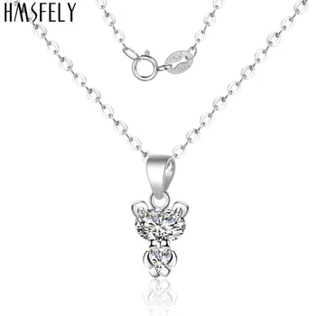 

HMSFELY Real 925 Silver Lovely Bear Pendant Female Necklace Jewellery For Gift Luxury Women Zirconia Necklaces Jewelry 40cm