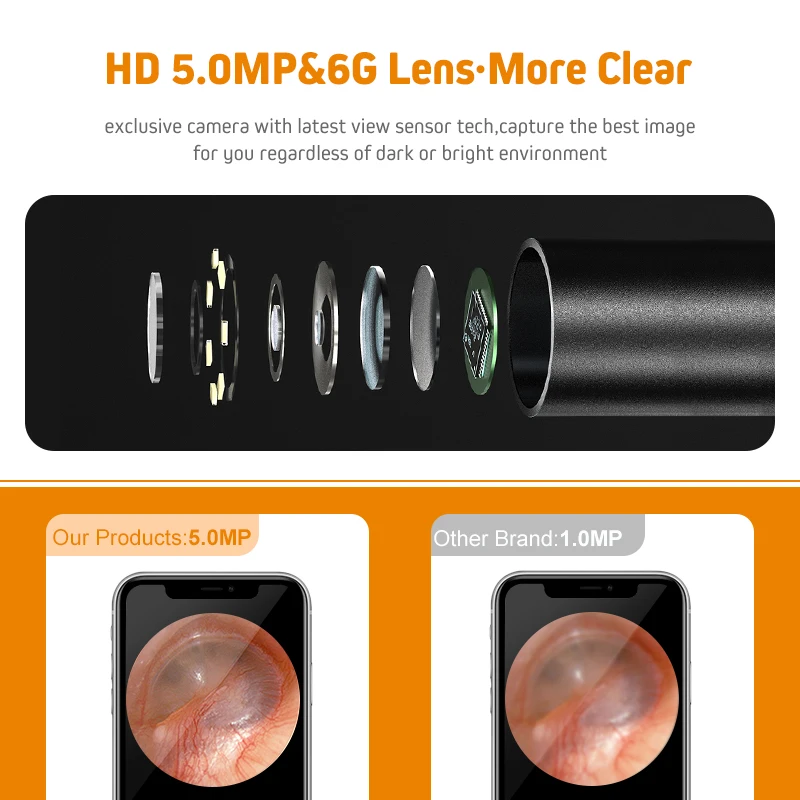 3.9mm WiFi Ear Otoscope Wireless 5.0MP Digital Endoscope Ear Inspection Camera Earwax Cleaning Tool with 6 Led for IOS Android