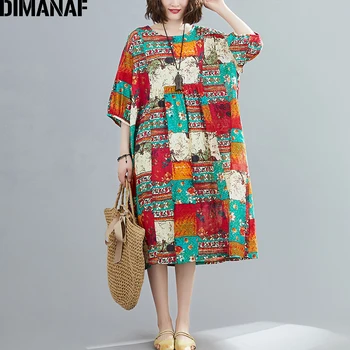 

DIMANAF Summer Plus Size Women Dress Vintage Print Sundress Cotton Female Lady Vestido Loose Casual Beach Dress Big Size 5XL 6XL