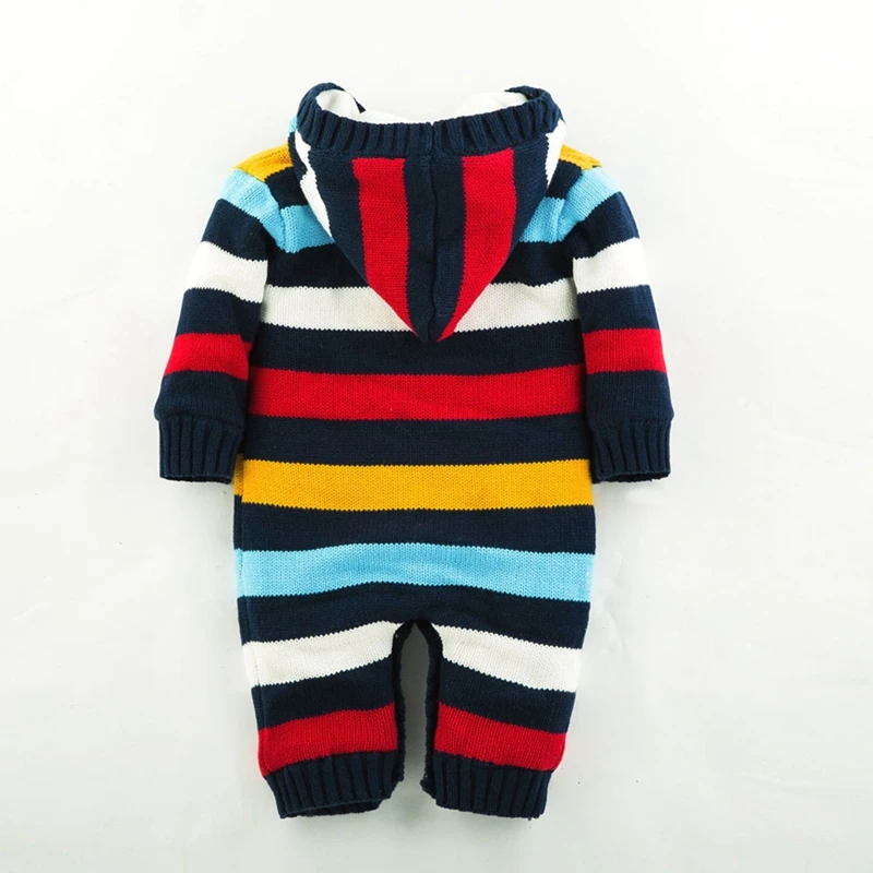 Kids Baby Boys Girls Sweater Jumpsuit Knit Crochet Hooded Coat Infant Children Winter Striped Brushed Thick Warm Outwear Clothes