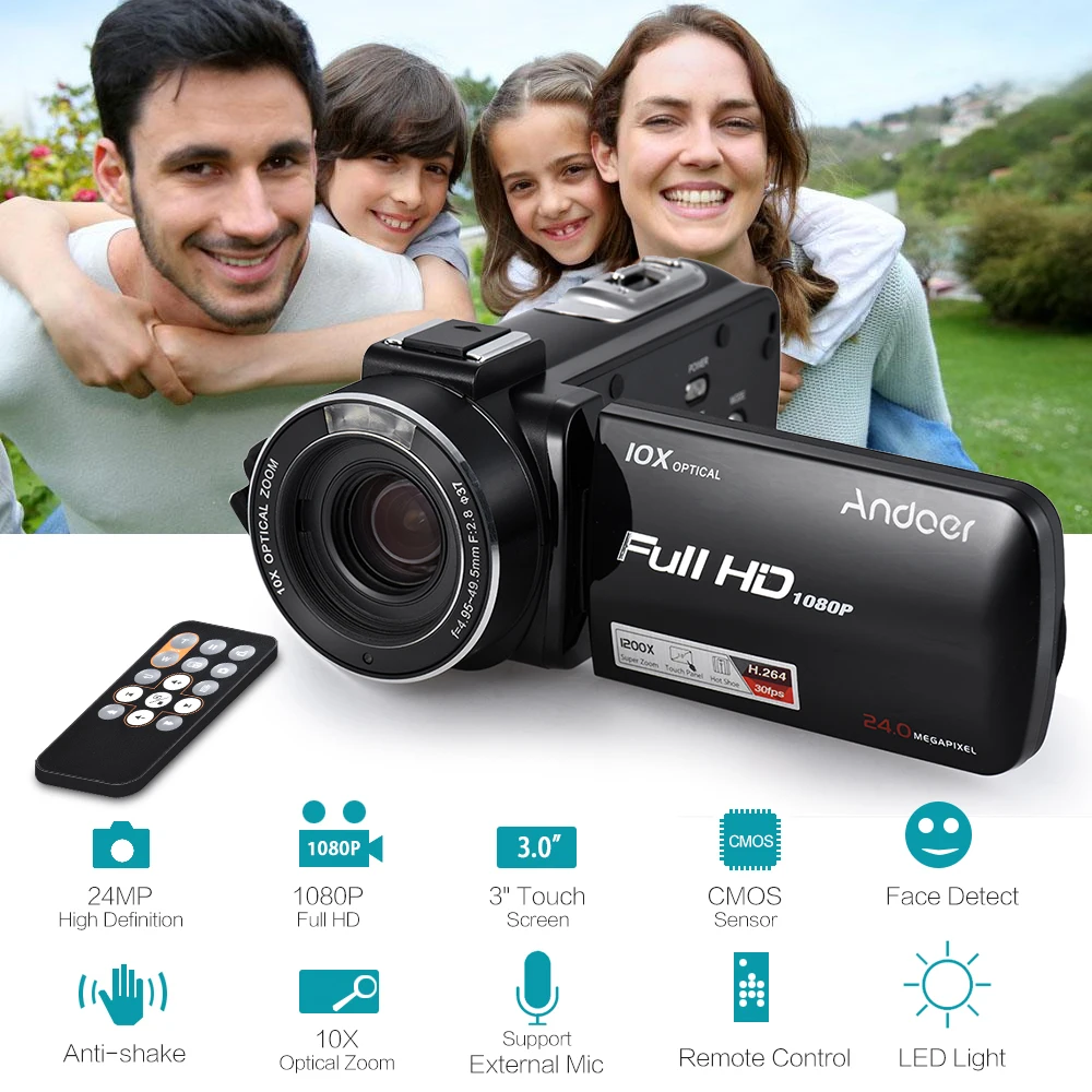 

Andoer HDV-Z82 1080P Full HD 24MP Digital Video Camera Camcorder 10X Optical Zoom 3" Touchscreen Anti-shake Face Detect Camera