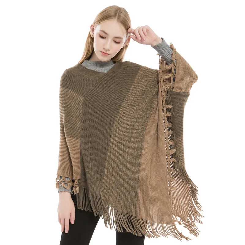 

High Quality Women Ponchos Knitted Shawl and Capes Autumn Winter Acrylic fringed pullover cloak ponchos and capes