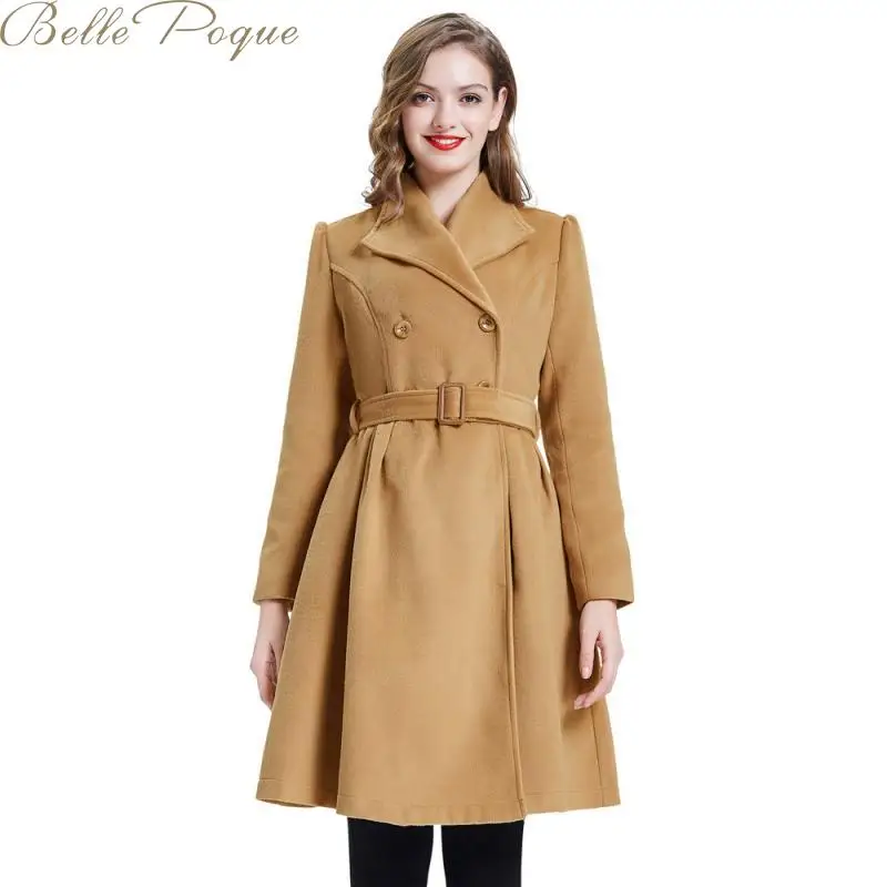 Belle Poque Элегантное длинное женское пальто с лацканами, 2 кармана, куртки с поясом, одноцветное пальто, женская верхняя одежда, зимние куртки