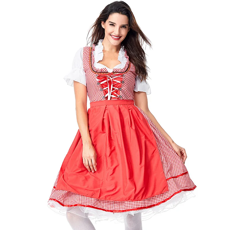 Красный Размер S-3XL Okotberfest Dirndl для взрослых женщин красный синий плед платье Фартук комплект наряд костюм разносчицы пива Bavaria фестиваль - Цвет: Красный