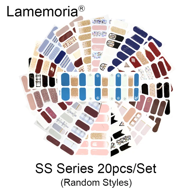 10/20pcs Full Cover Wraps Nail Polish Stickers Strips Plain Nail Art Decorations Stripe Designs Glitter Powder Manicure Tips SS-20pcs random