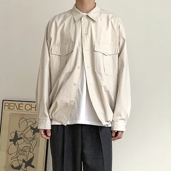 

New Male Japan Korea Streetwear Drawstring Hem Sunscreen Thin Shirts Coat Men Long Sleeve Casual Cargo Shirt Style Jacket