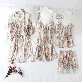 

Women 4PCS Pajamas Set Satin Print Flower Kimono Bathrobe Gown Silky Homewear Sleepwear Sexy Pijamas Suit Loose Nightwear