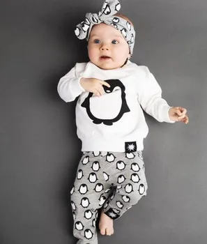 

2020 Fashion Baby Boys Girls Clothing Sets Long Sleeve Cute Penguin T-shirt+Pants+Headband Newborn Infant Baby 3PCS Outfits