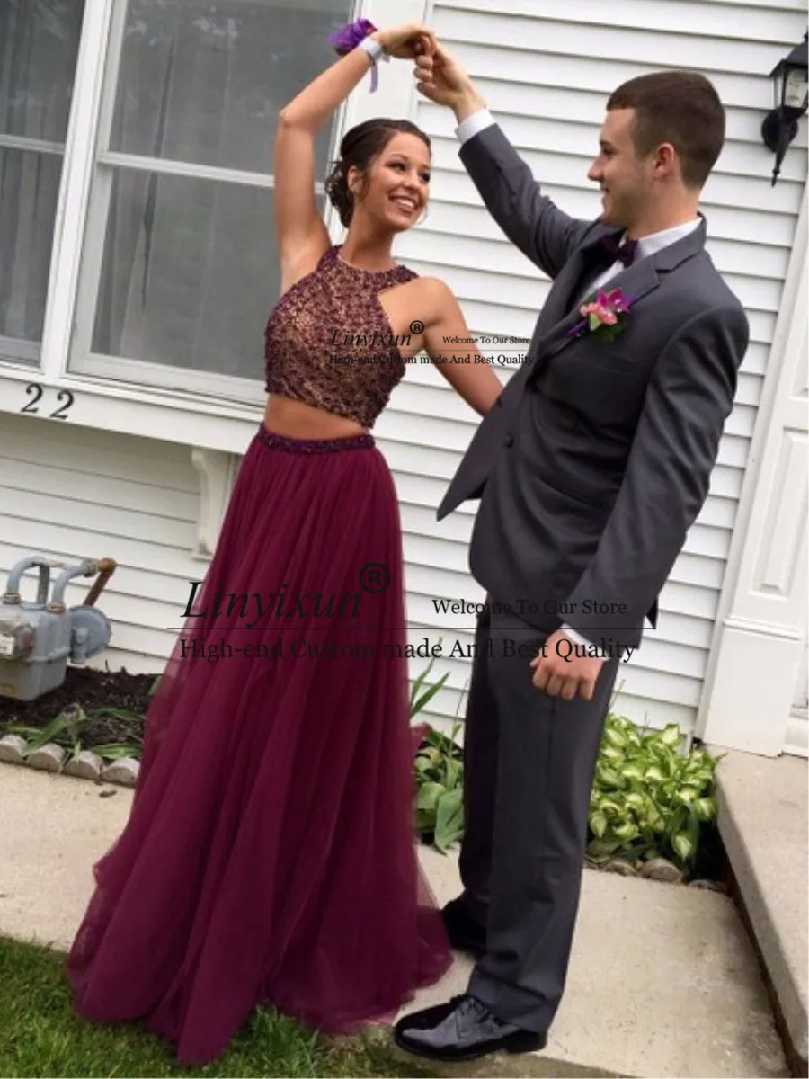 

A Line High Neck Beading Two Piece Prom Dresses Sleeveless Zipper Back Evening Dress 2019 Long Prom Dress Tulle Robe De Soiree