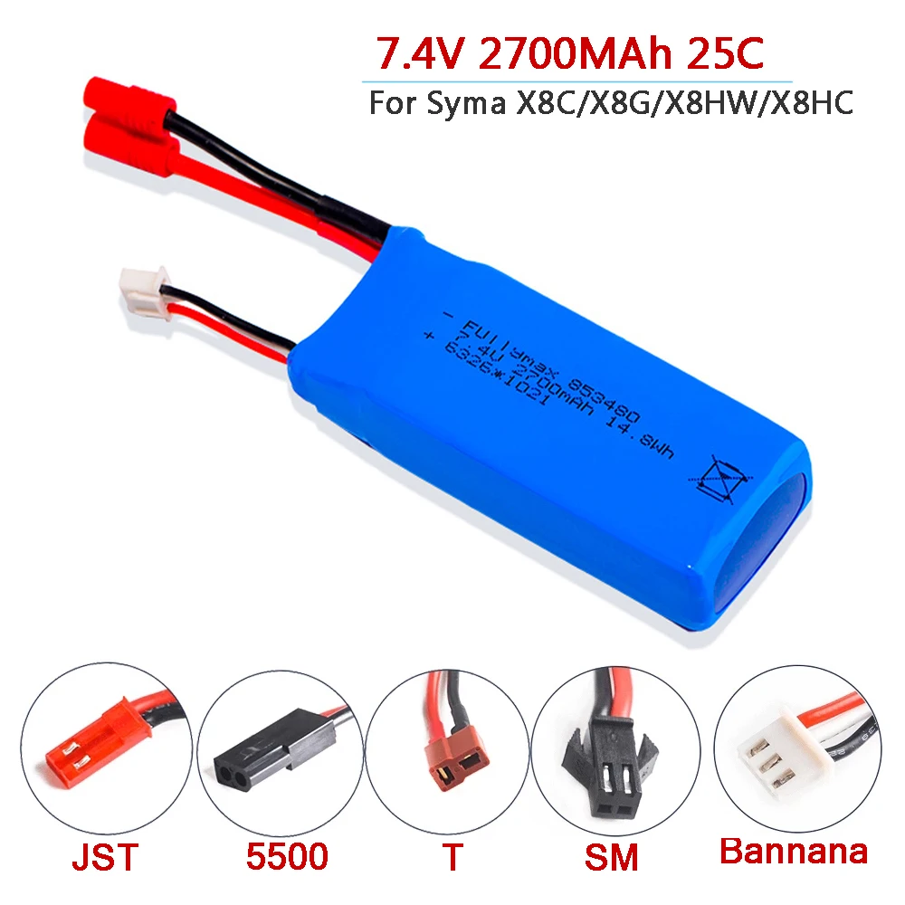 

Upgraded RC 7.4v 2700mAh 25c Lipo battery 2S T/XT60/JST Plug w/Over Current Protection for Syma X8C X8W X8G X8 RC Drone Parts