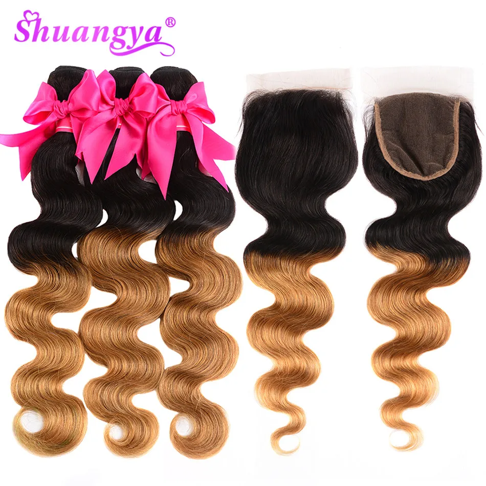 T1b/27 Ombre Body Wave Bundles With Closure Remy Human Hair Indian Shuangya | Шиньоны и парики