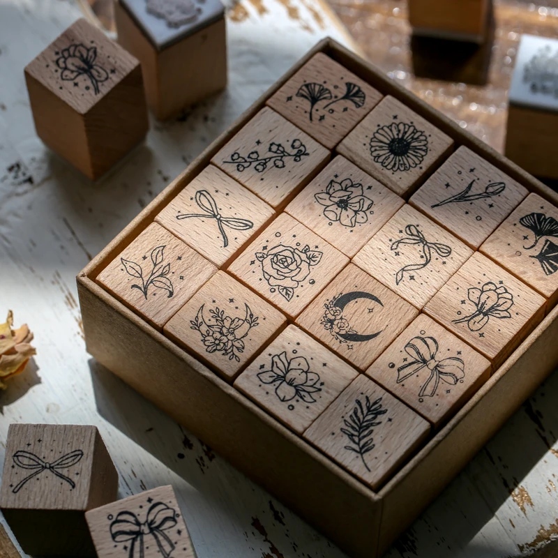 

16pcs/set DIY Hand account Combination Green plants Stamp Diary Ablum Wedding Letter Wood Rubber Stamp Set Vintage Box Gift