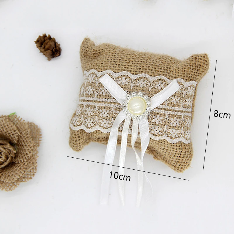 Vintage Rustic Wedding Ring Pillow for Wedding Decoration Linen Lace Rhinestones Pearl Decor with Ribbons