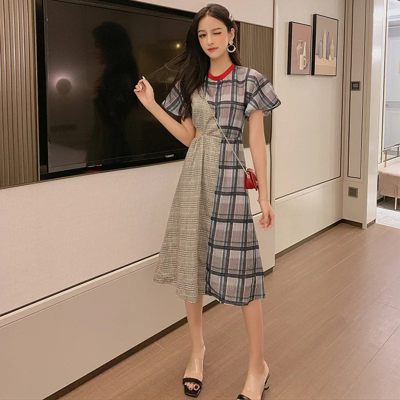 

2019 Summer Wear New Style Online Celebrity Charade-Joint Plaid Skirt Short-sleeve Dress Women's