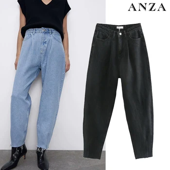 

Za Women Jeans 2020 New High Street Fashion with High Waist Vintage Pocket Loose Jeans Bule Harem Long Denim Pants for Women